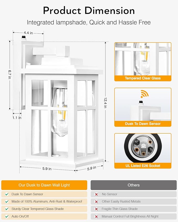 White Outdoor Light Fixture, 2 Pack Dusk to Dawn Exterior Lighting Fixtures, Anti-Rust Porch Lights, Dusk to Dawn Outdoor Lighting for House, Garage, Garden, Entryway, Doorway