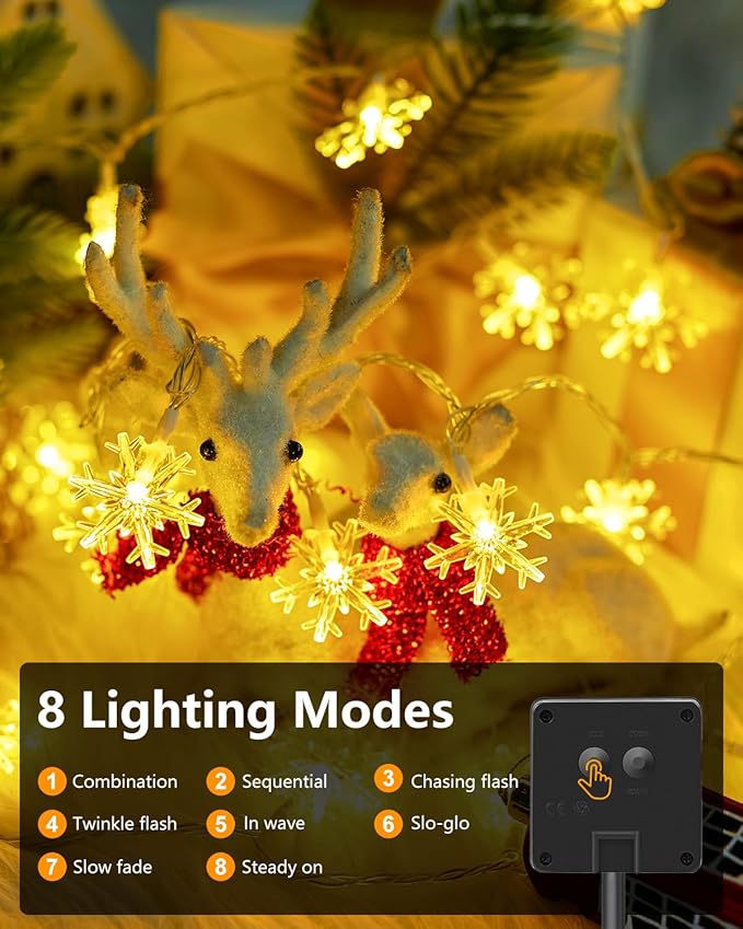 Brightown Solar Christmas Snowflake String Lights, 72FT 200 LED Outdoor Waterproof Fairy Lights with 8 Lighting Modes for Wedding, Party, Tree, Room, Garden, Patio, Yard, Home, Warm White