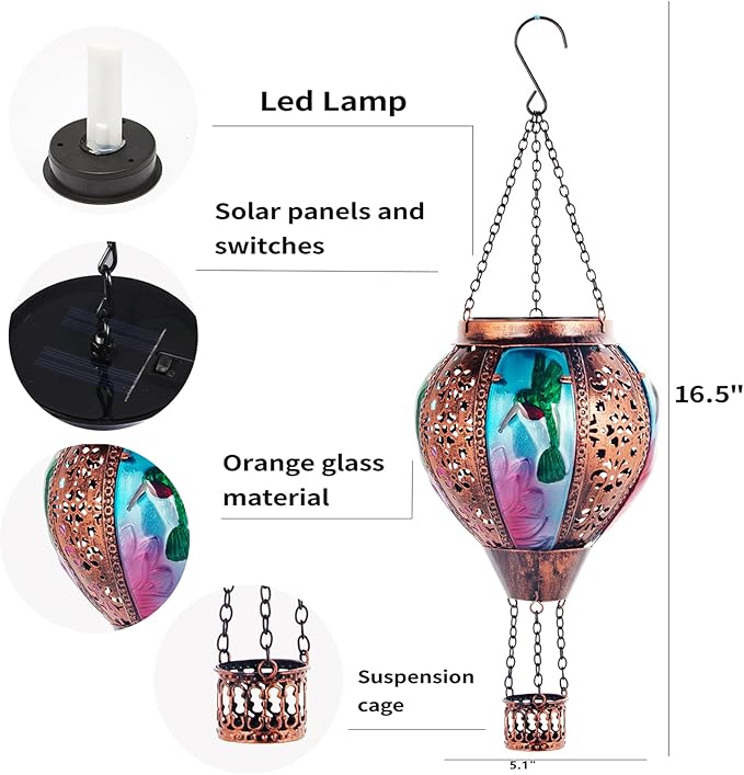 Hot Air Balloon Solar Lantern Hummingbird Lights, Flickering Flame Solar Hanging Lights for Outside,Waterproof for Garden Yard Patio Porch Decoration（Hummingbird）