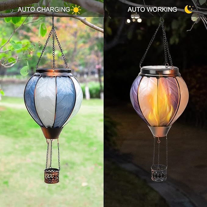 pearlstar Hot Air Balloon Solar Lantern with Flickering Flame Light Outdoor Solar Hanging Lights Waterproof for Garden Yard Farmhouse Outside Decoration,Stained Glass Blue and White