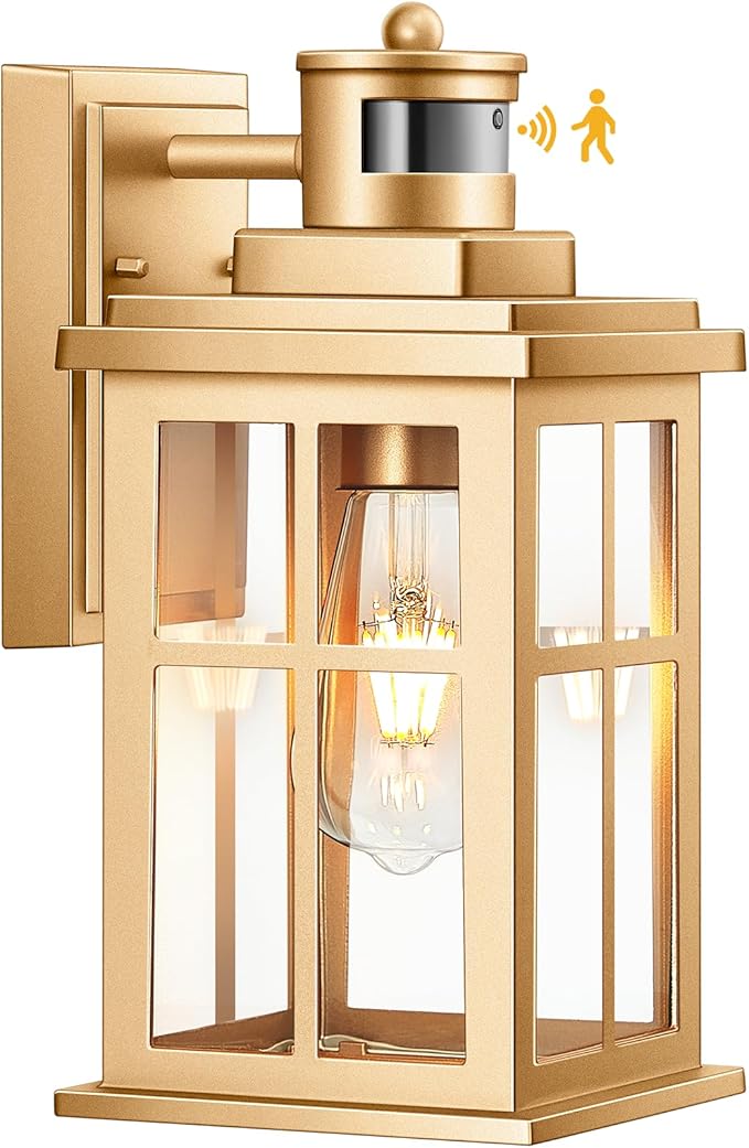 Motion Sensor Outside Lights for House, Modern Dusk to Dawn Outdoor Lighting, 2 Pack Gold Anti-Rust Outdoor Wall Lights with Transparent Glass, Waterproof Outdoor Porch Lights for House, Patio