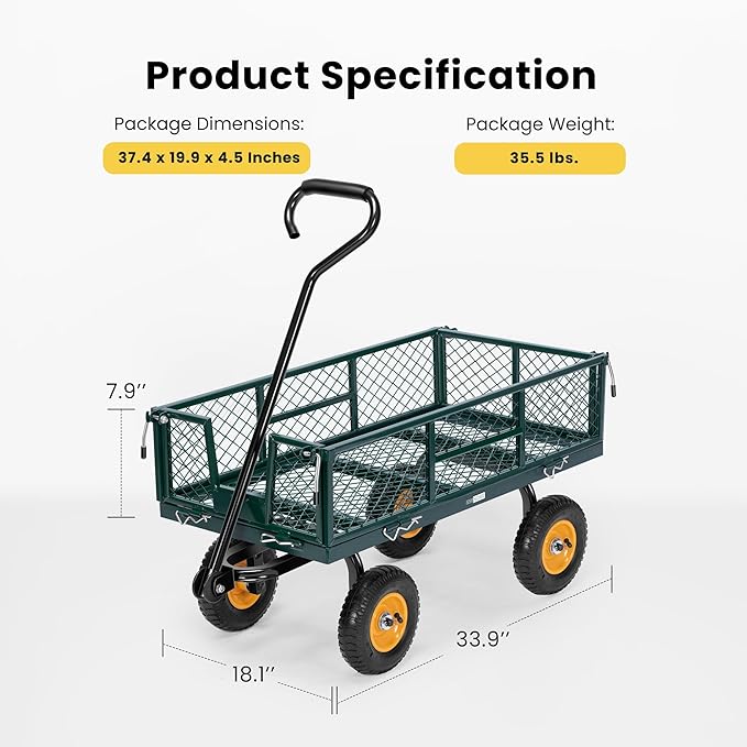 VIVOHOME Heavy Duty 550 Lbs Capacity Mesh Steel Garden Cart Folding Utility Wagon with Removable Sides (Green)