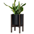 D'vine Dev Planter Pot with Stand - 8 Inch Plastic Cylinder Flower Pot with Wood Planter Holder for Indoor, Matte Black Pot + Walnut Color Stand, 55-C-I-2
