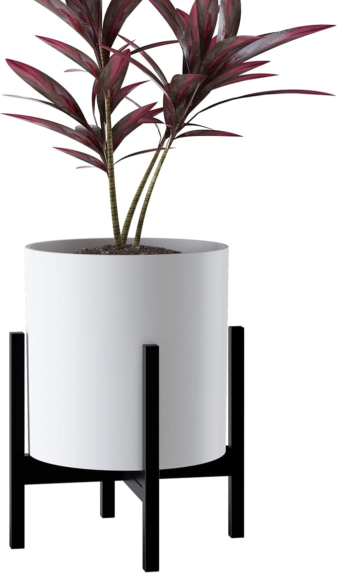 FaithLand Plant Pot 12 inch - Perfectly Fits Mid-Century Modern Plant Stand - Drainage Plug and Drainage Mesh Screen - Matte White