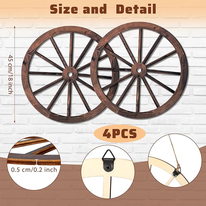 Qunclay 4 Pcs Wooden Wagon Wheel Wall Decor Old Western Wood Boho Wall Art Farmhouse Boho Wagon Wheels Rustic Yard Decor Wood Hanging Decorations for Garden Home Bar Garage (17.7 Inch)