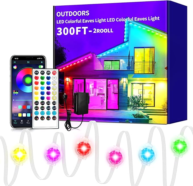 300ft Permanent Outdoor Lights,RGB Eave Lights,Music Sync IP67 Waterproof Outdoor Eave Light Lighting, can be Used for Garden,House,Party,Holiday Decoration（2 Rolls of 150ft）