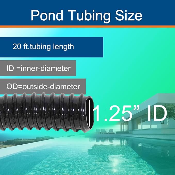 1.25 Inch Pond Tubing, 1-1/4 Dia ID Corrugated Water Pipe, 20 Feet Length Flexible PVC Hose Pipe with Pipe Fittings, Aquarium, Pond Waterfall, Garden Pond Pump Drainage Tube Black
