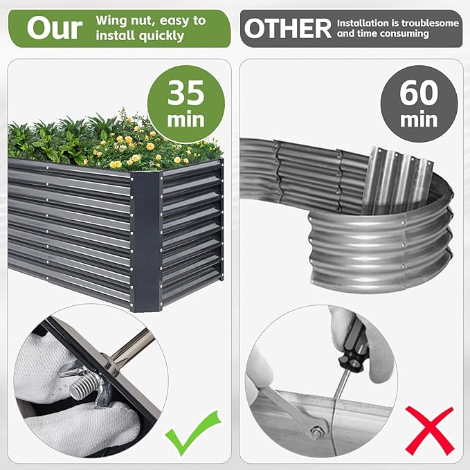 4x2x2ft Raised Garden Bed - Galvanized Deep Root Planter Boxes Outdoor with Wing Nuts and Safety Edges for Gardening Vegetables, Flowers, Herbs, Succulents - Gray