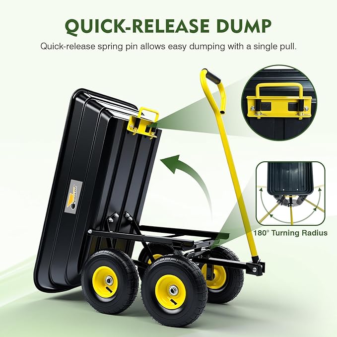 Garden Dump Cart, Heavy-Duty Utility Wagon with 600 lb Capacity, 4 Cu Ft Bed, 10" Pneumatic Tires, 180° Pivot Steering for Yard, Lawn, and Beach Use