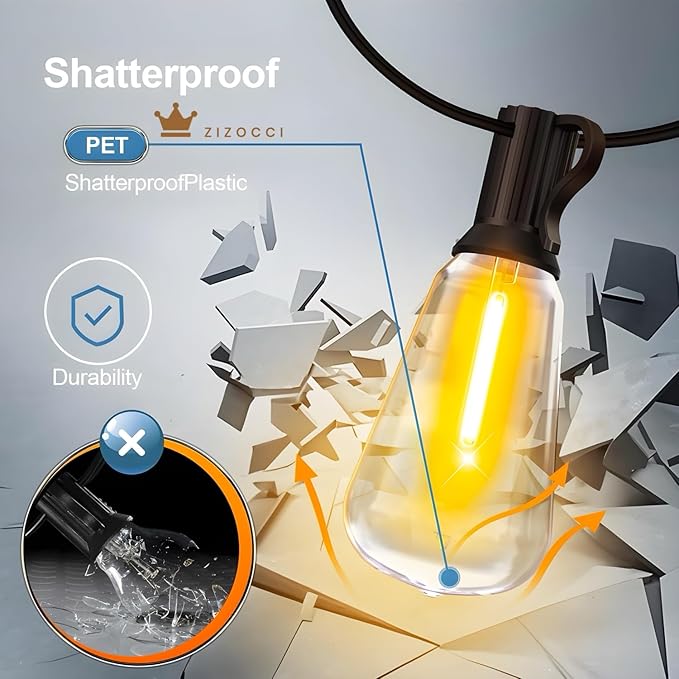 String Lights for Outside 100Ft 30M - Patio Lights Outdoor Lighting Waterproof Lights, Remote Dimmable ST38 Shatterproof Wedding Decorations, Birthday, Chrismas, Haloween, Balcony, Garden Party