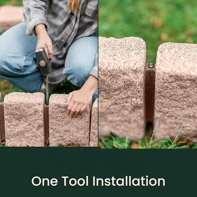 Beuta Landscape Edging | Garden Edging Border | Faux Stone Block XL for Lawn Edging, Flower Beds & Yard Edging – 1 Pack | Each Section Has 6 Blocks 48" L x 4" W x 9.5" H | 3 Spikes | Sandstone