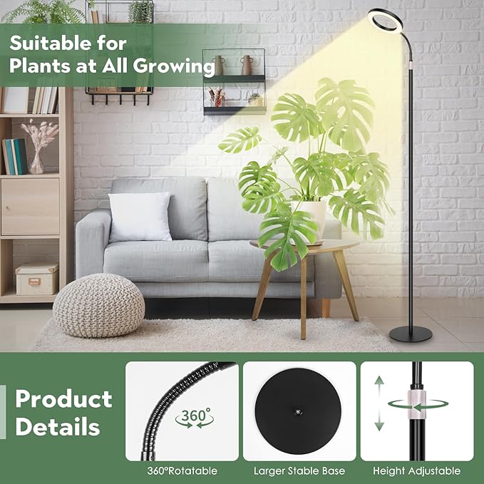 LBW Grow Lights for Indoor Plants Full Spectrum with Stand, Floor Plant Growing Lamp for Large Plants, Auto ON/Off Timer 4/8/12H, 4 Dimmable Levels, 47.2-63 inches Adjustable Height