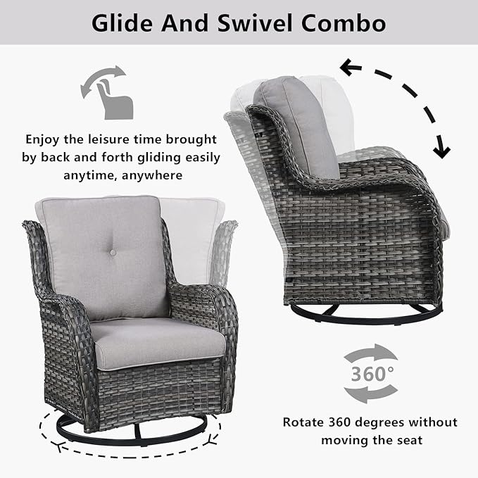 Wicker Outdoor Furniture Patio Furniture Set - 6 Piece Patio Conversation Set with Swivel Rocker Chairs, Loveseat Sofa, Ottomans and Coffee Table, Gray Cushion