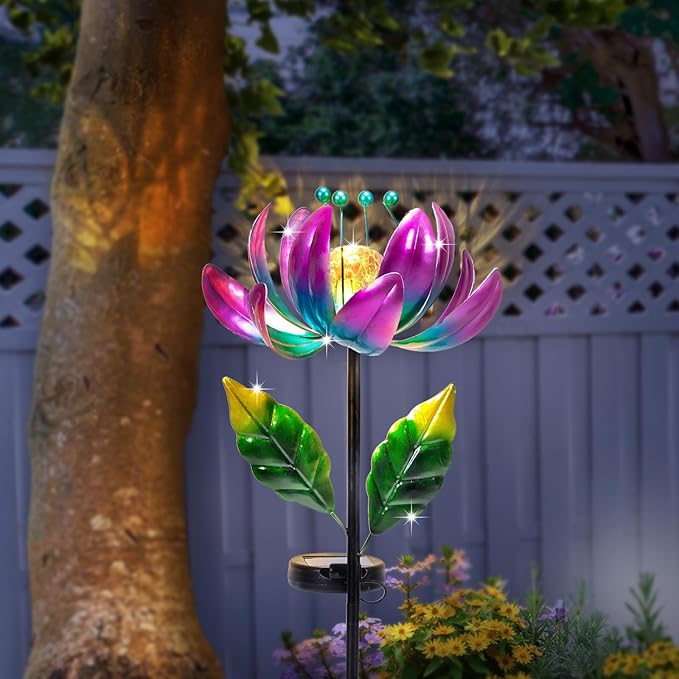 Huaxu Solar Outdoor Lights 35.4In Garden Decor Flower Wind Spinners,Waterproof LED Crackle Glass Globe Purple Lotus Art Metal Stake for Lawn Patio Pathway Yard Porch Driveway Decorations Gift