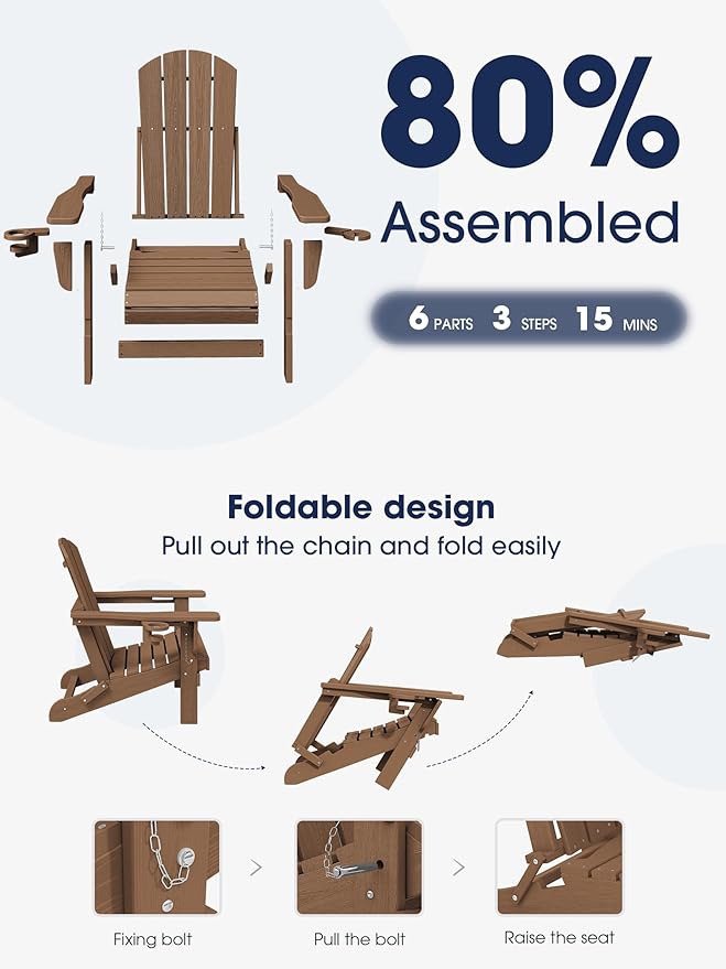 KINGYES Folding Adirondack Chair Set of 6, Dual Cup Holders & All-Weather HDPE, Wood-Like Patio Chair for Backyard, Camping, Pool & Fire Pit, Brown