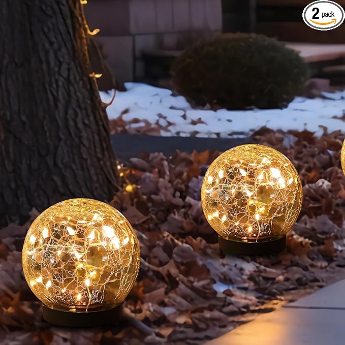 Solar Globe Lights Outdoor Waterproof-Solar Balls-Solar Garden Lights-Solar Orbs for Outside 2 Pack Cracked Glass Ball for Lawn Patio Yard Backyard Decorations