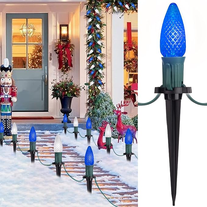 Brightown Strawberry C9 Christmas String Lights Outdoor - 25.7FT 20 LED Pathway, Connectable C9 Walkway, Waterproof Decoration for Lawn Outside - Blue & Pure White
