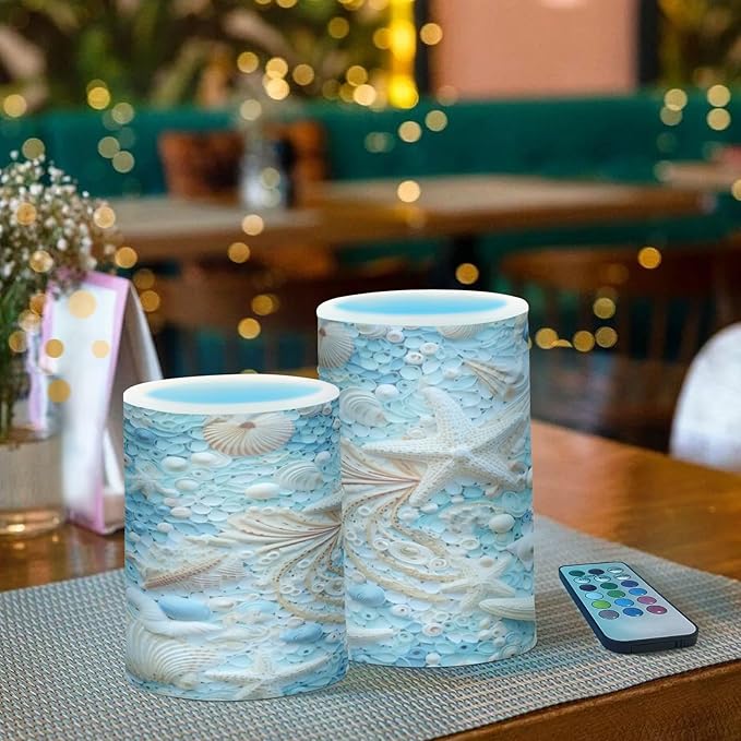 Flickering Flameless Candles, Starfish Seashell LED Candles with Remote Timer, Set of 2 Battery Operated Candle for Valentine Wedding Birthday