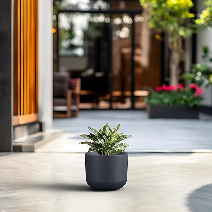 Kante Round Concrete Planter, 9 Inch Dia Classic Style Large Plant Pot with Drainage Hole for Indoor & Outdoor Plants, Ideal for Home, Patio, Garden, Charcoal