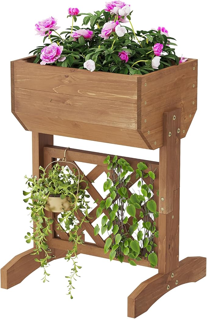 Raised Garden Bed, Standing Vertical Horticulture Planter Box for Backyard, Patio, Balcony, Planter for Flowers Herbs Vegetables for Indoor & Outdoo Decor with Trellis (Brown)