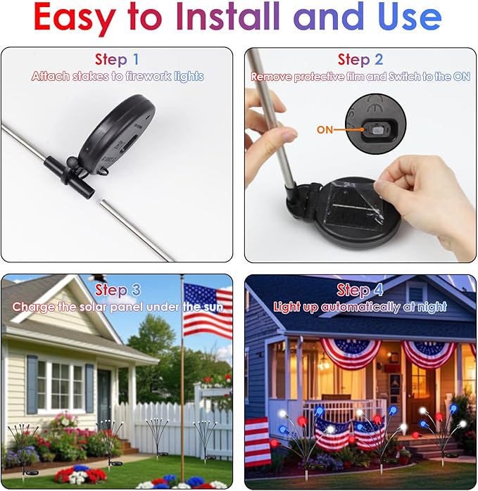 OZS 8pack Solar American Flag Lights - 4th of July Solar Garden LED Outdoor Waterproof Firefly Light for Memory Day, Independence Day, National Day Decoration (Red White Blue)