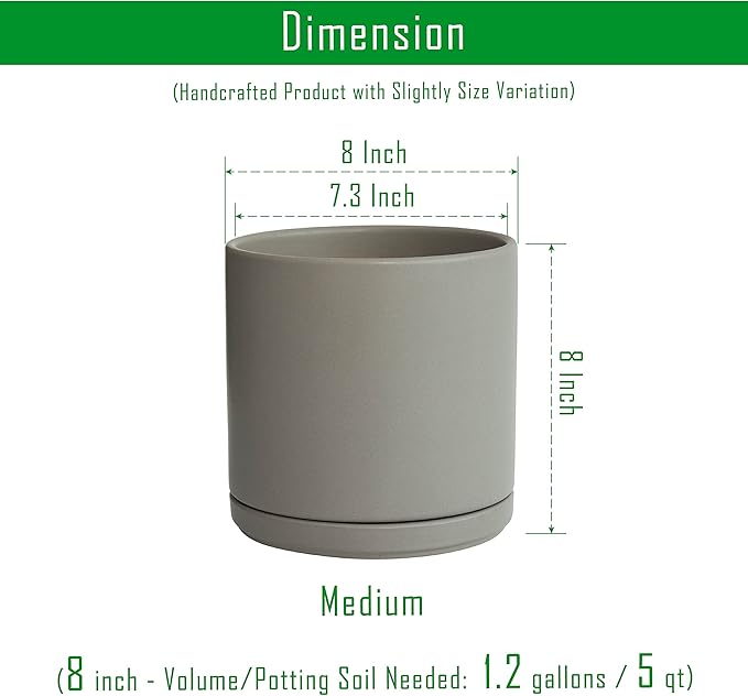 Set of 2 Plants Pots, 8 Inch Ceramic Planter Pot for Plants with Drainage Hole and Saucer, Speckled Grey, 94-V-D-3
