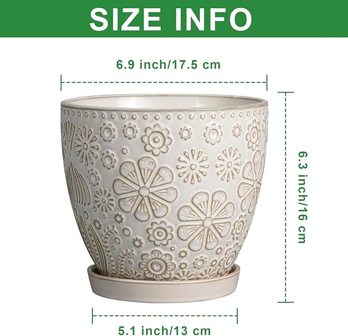 6 Inch Plant Pot with Drainage Hole and Saucer Ceramic Planter for Indoor Plant Flower Pot for Orchid Succulents Plants White