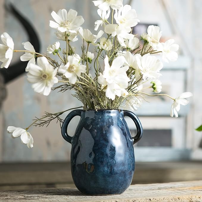 Blue Ceramic Vase with 2 Handles, Modern Farmhouse Decor, Rustic Terracotta Pottery, Decorative Flower Vases, Clay Small Vase, Centerpiece for Dining Table - 7 Inch Tall
