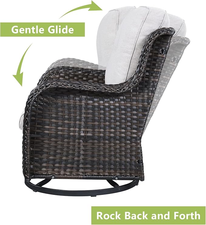 Outdoor Patio Swivel Rocker Chairs - 3 Piece Patio Bistro Set,Wicker Patio Furniture Set with 2 Swivel Rocking Chairs and 1 Glass Top Side Table for Deck Porch Garden,Brown/Beige