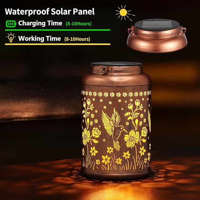 2 Pack Solar Lanterns Outdoor Waterproof, Hummingbird Garden Decor Gifts for Women Mom Grandma Hanging Solar Lights Metal Solar Decoration Outside for Yard, Patio, Lawn, Pathway, Landscape