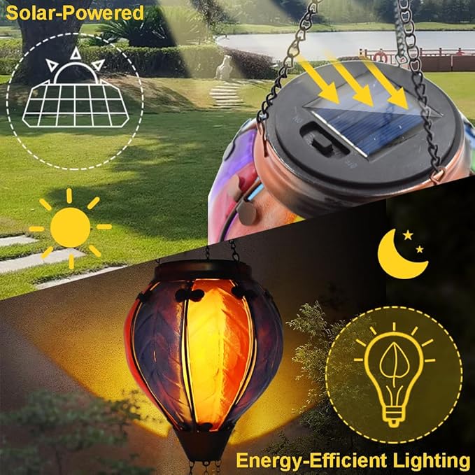 Hot Air Balloon Solar Lantern with Flickering Flame Hanging Solar Lanterns Outdoor Lights Waterproof Lanterns Decorative Garden Patio Yard Party Decor Colorful + Rose Red&Blue