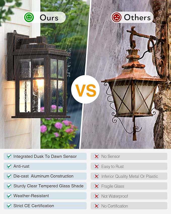 Anti-Rust Dusk to Dawn Outside Lights, 2-Pack Oil Rubbed Bronze Exterior Lighting Fixtures, Easy-to-Install Waterproof Modern Outdoor Wall Light for Porch, Garage, Front Door