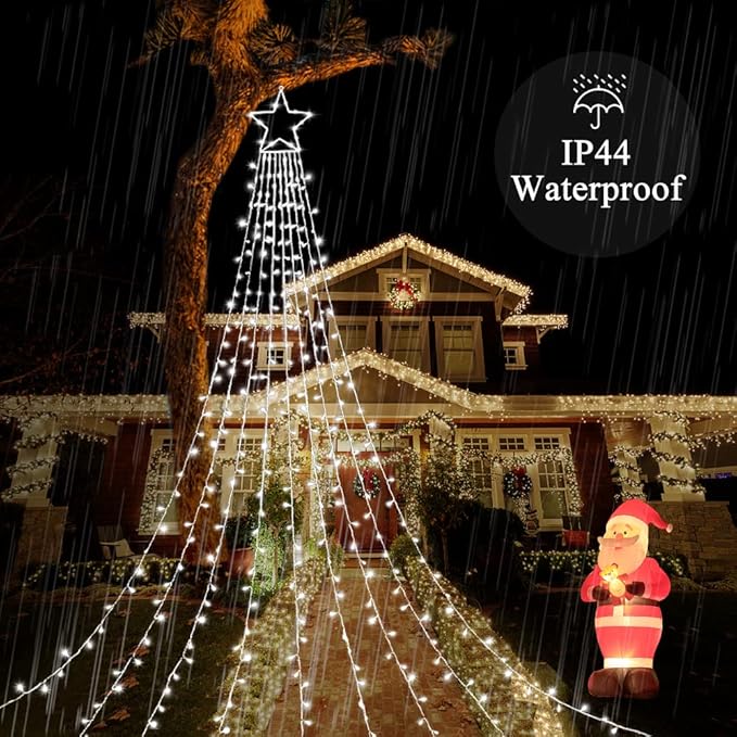 Christmas Decorations Star String Lights, 320 LED Waterfall Tree Lights with 13" Topper Star 8 Lighting Modes Indoor Outdoor Decorative for New Year, Holiday, Wedding, Party