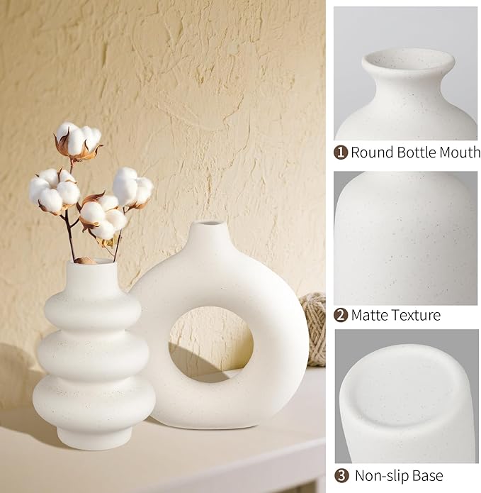 Ceramic Vase Set of 3, Small Flower Vase for Home Decor, Decorative Vases for Pampas Grass & Dried Flowers, Living Room, Bedroom, Bathroom, Shelf Centerpiece Table Decorations