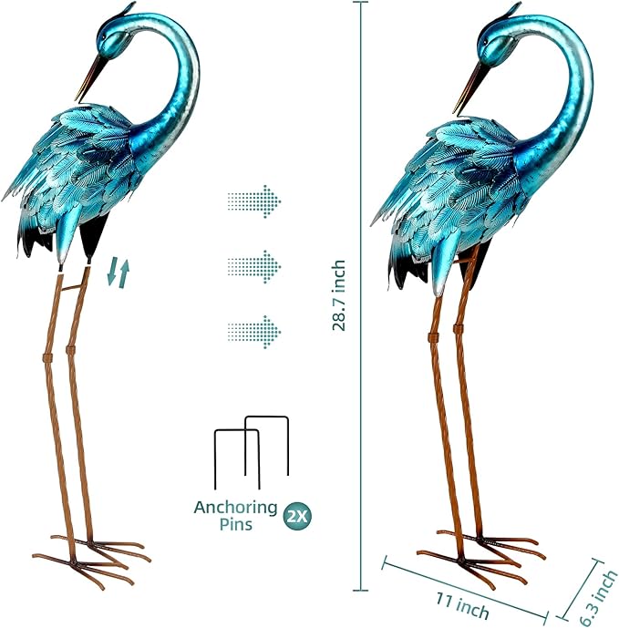 chisheen Metal Crane Garden Statue, Blue Heron Sculpture Yard Art, Large Heron Decoy, Bird Statues, Lawn Ornaments for Backyard Pond Patio Porch Outside Decorations