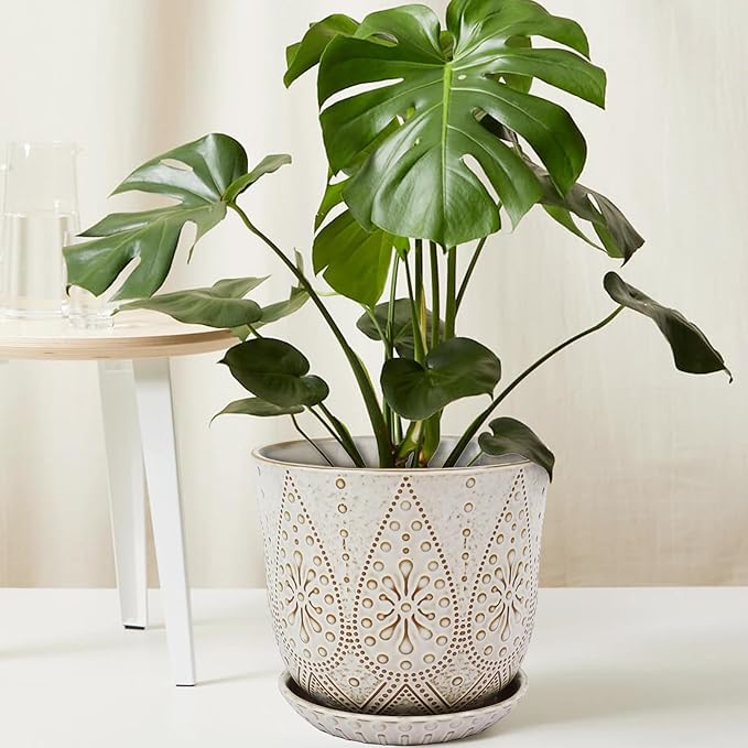 Gepege 10 Inch Plant Pot, Creamy White Ceramic Planter with Drainage Holes and Saucers for Plants Indoor and Outdoor Flower Pot
