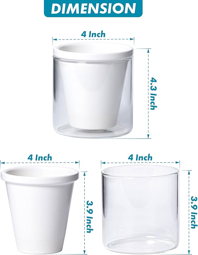D'vine Dev 4 Inch Design Self Watering Planter for Indoor Plants, White Terracotta Pots with Cylinder Glass Cup, Set of 2, 37-Y-A-2