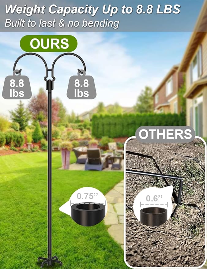 Outdoor Double Shepherds Hook with 5 Prong Base, 92 Inch Adjustable Heavy Duty Two Sided Bird Feeder Pole Stand for Hanging Plant Baskets, Solar Light Lanterns, Hummingbird Feeder, 2 Pack