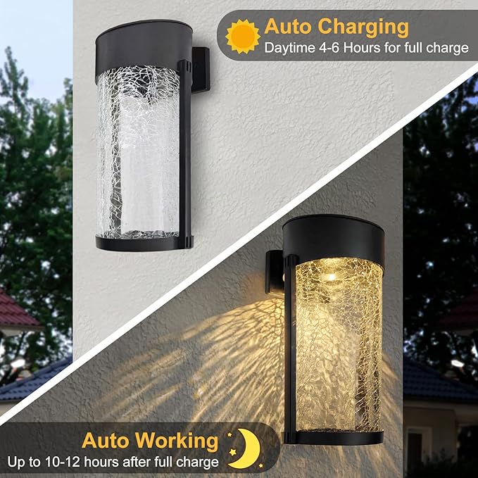 2PK Solar Outdoor Wall Lights with Crackle Glass Shade, Porch Fence Exterior Light Fixture Solar Powered Wall Scones