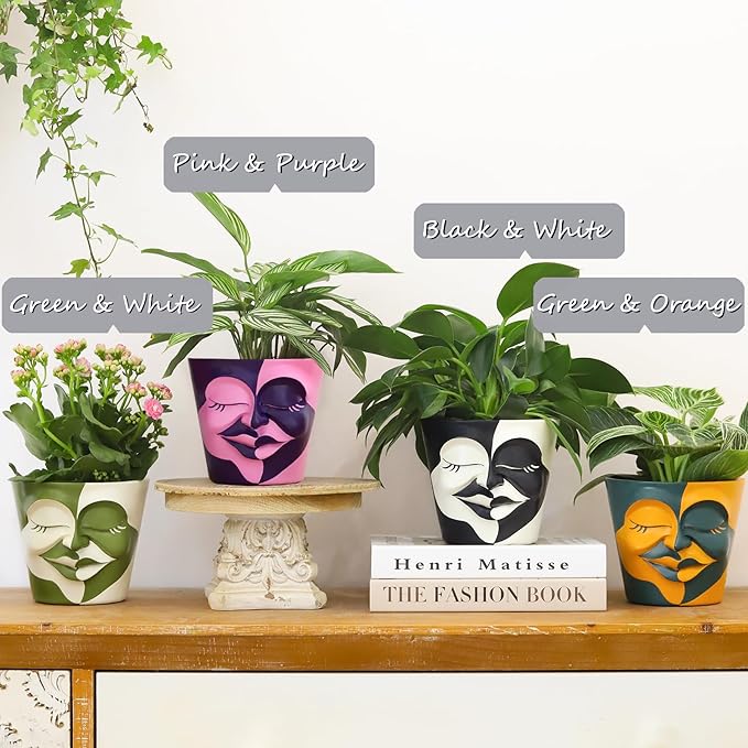 GUGUGO Face Planters Pots with Drainage, Flower Plant Pots for Indoor Plants, Unique Funny Small Succulent Desk Vase for Plant Lover Gifts (Bicolor-Green & White, 5.5Inch)