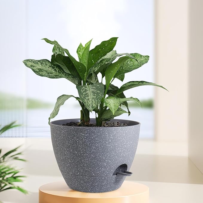 12 inch Large Self Watering Pots, Plant Pots with Mesh Drainage Holes for Indoor Outdoor Plants, Plastic Planters with Deep Reservoir for Garden House Flower Plants, Speckled Grey