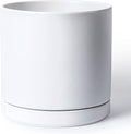 D'vine Dev 12 Inch Ceramic Planter Pot with Drainage Hole and Saucer, Indoor Cylinder Round Planter Pot, White, 94-O-F-1