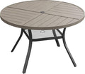 DIFY 40.6" Round Outdoor Patio Dining Table for 4, All-Weather Metal Steel Slatted Patio Table with 1.57" Adjustable Umbrella Hole, for Lawn Garden Porch Backyard, Grey Wood-Like