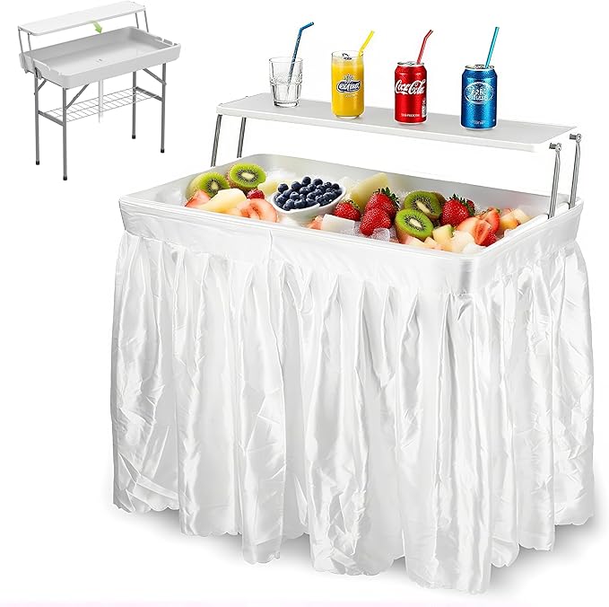 Outdoor Ice Cooler Folding Table with Extra Storage Shelf,Ice Tables for Parties with Drain,Cooler Server for Camping, Picnic, Wedding, BBQ, White