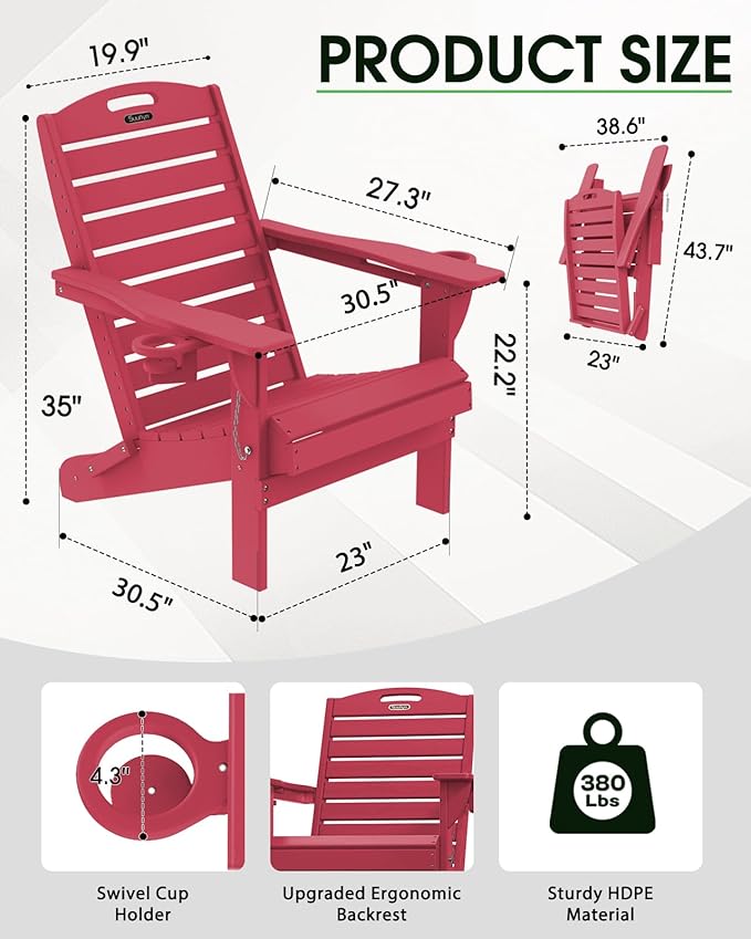 Adirondack Chairs Set of 4, Outdoor Fire Pit Chairs, HDPE All-Weather Adirondack Chairs with Cup Holder, Lawn Chair for Deck, Patio, Garden (Green)