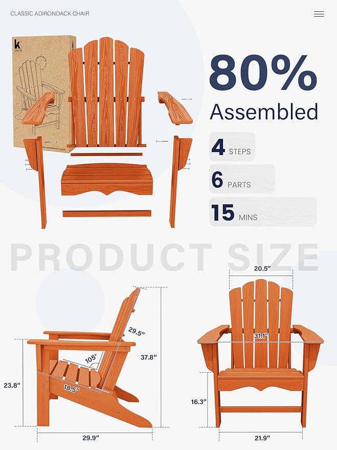 KINGYES HDPE Adirondack Chair Chair Set of 4, Classic All-Weather Adirondack Chair, Orange