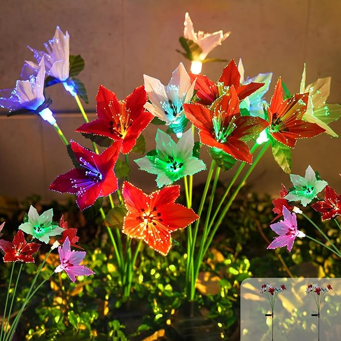 Solar Garden Lights, 2 Pack New Upgraded Solar Swaying Lights with 12 Flowers Solar Lights for Outside Garden Yard Decor Outdoor Waterproof, Gardening Birthday Gifts for Women Mom Grandma, White & Red