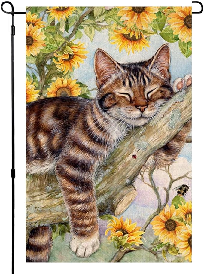 BLKWHT Summer Cat Garden Flag 12x18 Inches Double Sided for Outside, Sunflower Burlap Small Seasonal Yard Flag for Outdoor Decor BW640