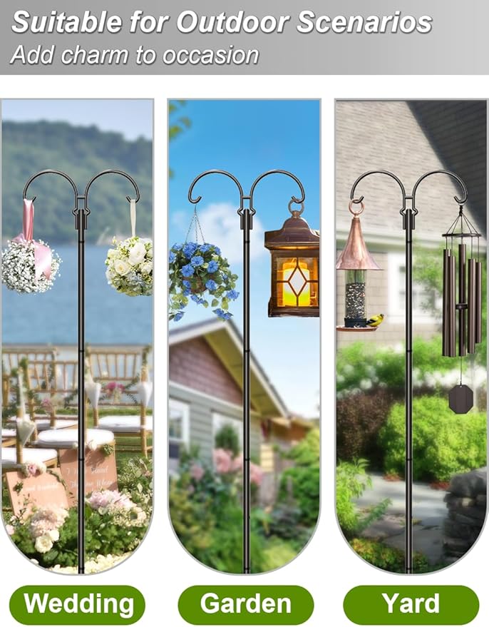 Outdoor Double Shepherds Hook with 5 Prong Base, 60 Inch Adjustable Heavy Duty Two Sided Bird Feeder Pole Stand for Hanging Plant Baskets, Solar Light Lanterns, Hummingbird Feeder, 1 Pack