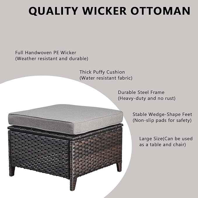 Outdoor Wicker Patio Furniture Set - 6 Piece Rattan Patio Conversation Set with 2 Rocking Swivel Chairs,2 Ottomans,1 Loveseat and 1 Side Table for Porch Deck Backyard Garden(Brown/Grey)
